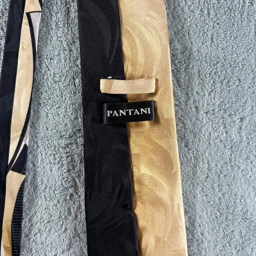Pantani Mens Silk Tie Black Gold Silver Geometric Abstract Hand Made Necktie‎